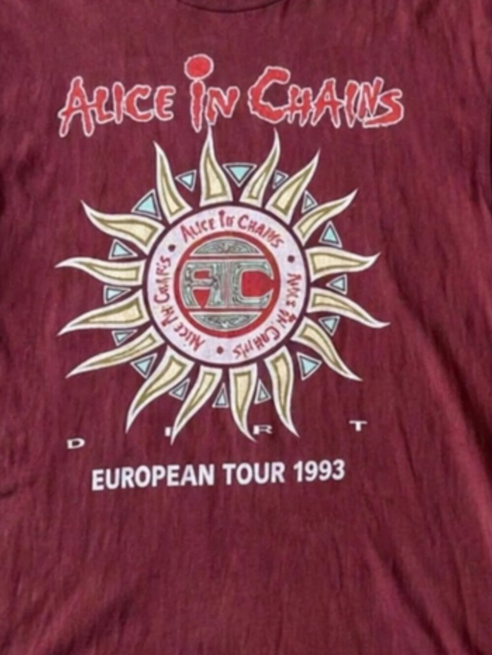 Alice in Chains European Tour 1993 Vintage-Washed Burgundy Two-Sided T-Shirt - Picture 2 of 3